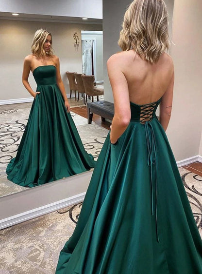 Hunter Satin Strapless A-Line Prom Dress with Lace-Up Back and Pockets, PD23030145