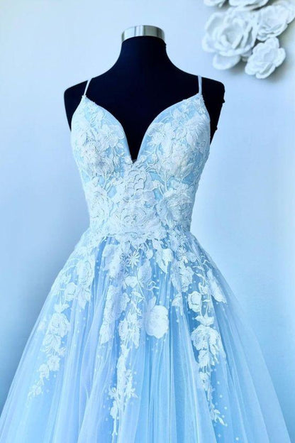 Blue A-line Long Formal Prom Dress with Lace Applique, PD2303133