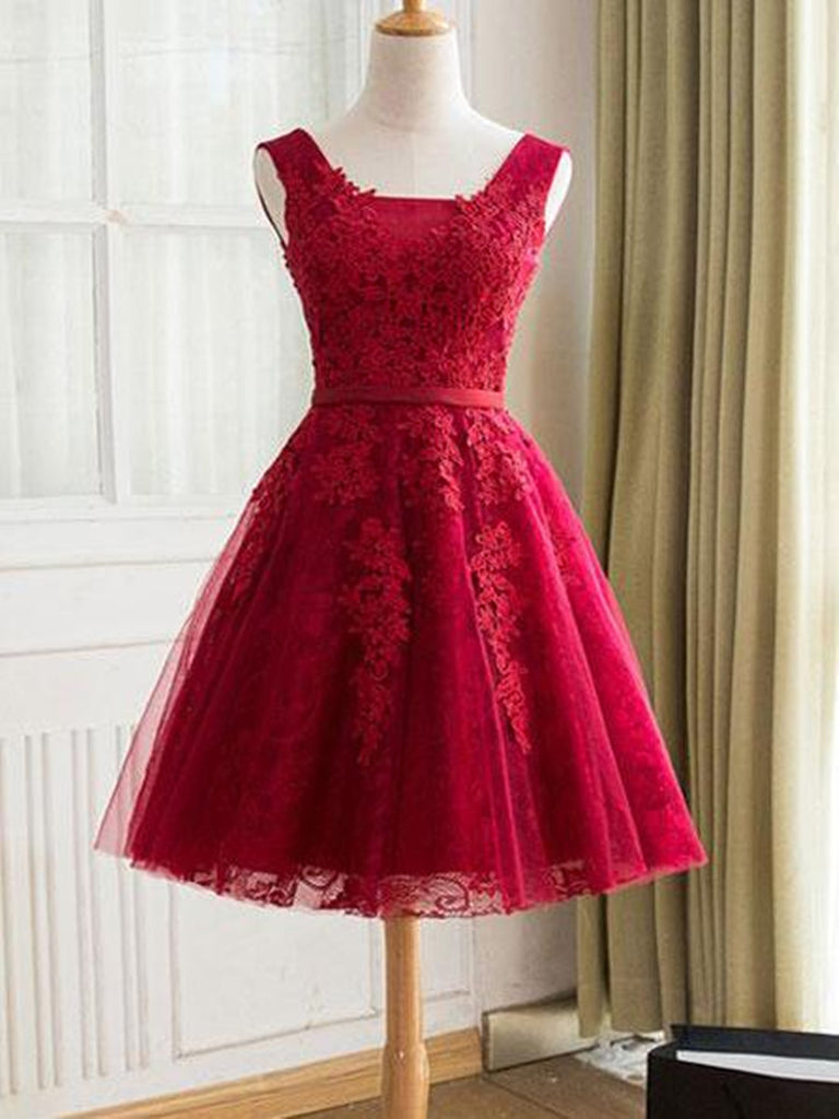 Burgundy Lace A-Line Short Bridesmaid Dress, BD2303051