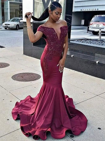 Burgundy Off-Shoulder V-neck Mermaid Sexy Applique Satin Long Prom Dress, PD23031314