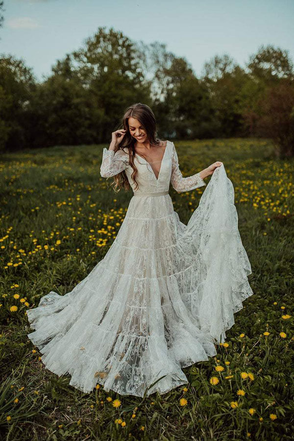 Bohemian A-Line Long Sleeves Wedding Dress with Lace V-Neckline, WD23022354