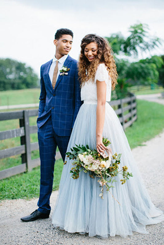 Two-Piece Country Style Wedding Dress with Lace Top and Tulle Skirt , WD23022378