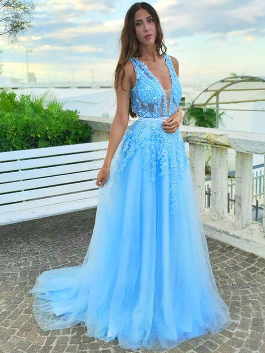 V-Neck Tulle A-Line Prom Dress with Long Blue Skir, PD2303078