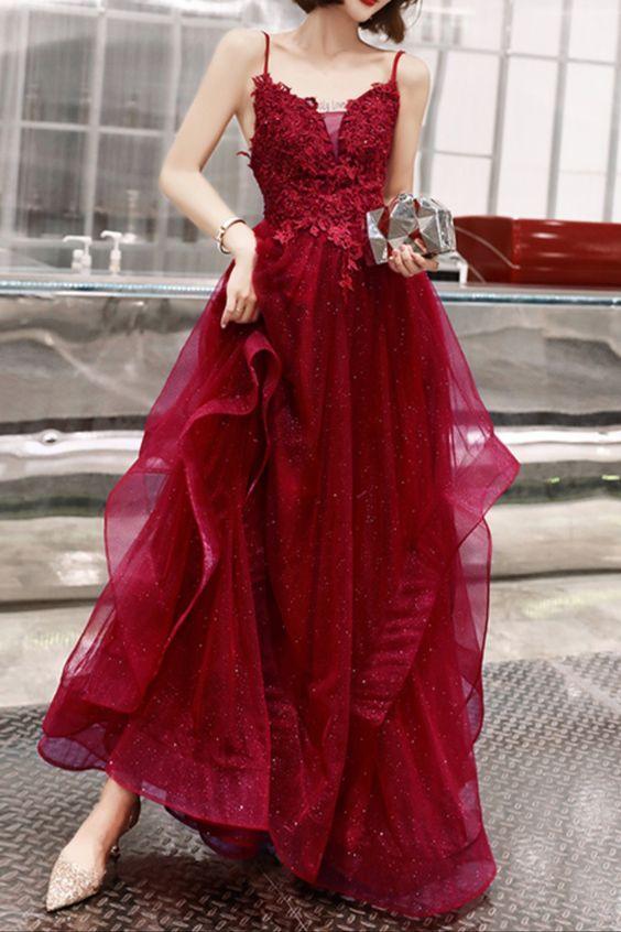 Burgundy A-line Long Evening Prom Dress, PD23031310