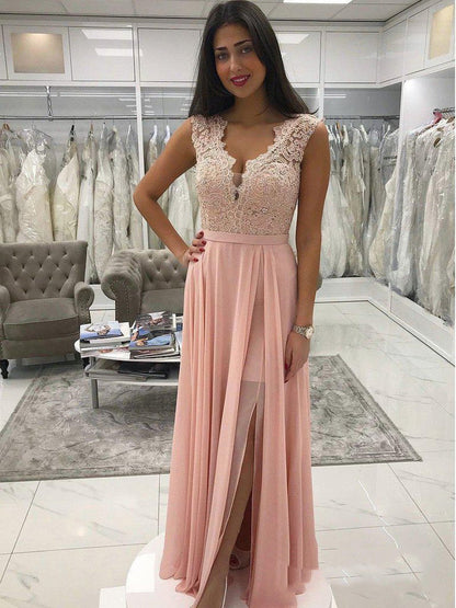 Pink A-Line Lace Beaded Chiffon Sleeveless V-Neck Prom Dress, PD23032216