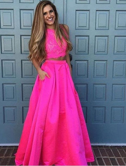 Glamorous Sleeveless Pink Lace 2-Piece Prom Dress, PD23022243