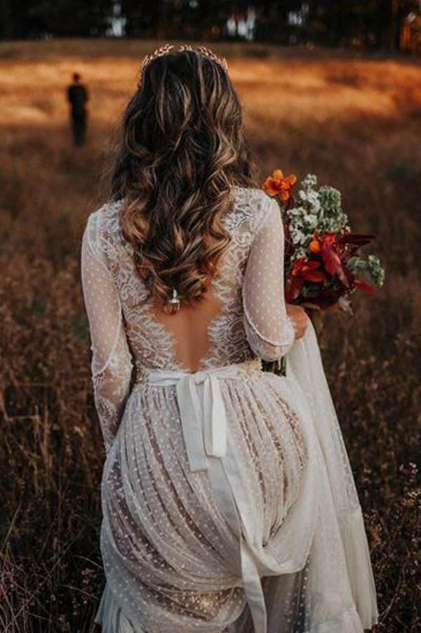 Bohemian Wedding Dress with Lace Polka Dot Design and Sleeves, WD23022698