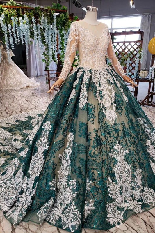 Green Lace Ball Gown Prom Dress, PD23022217