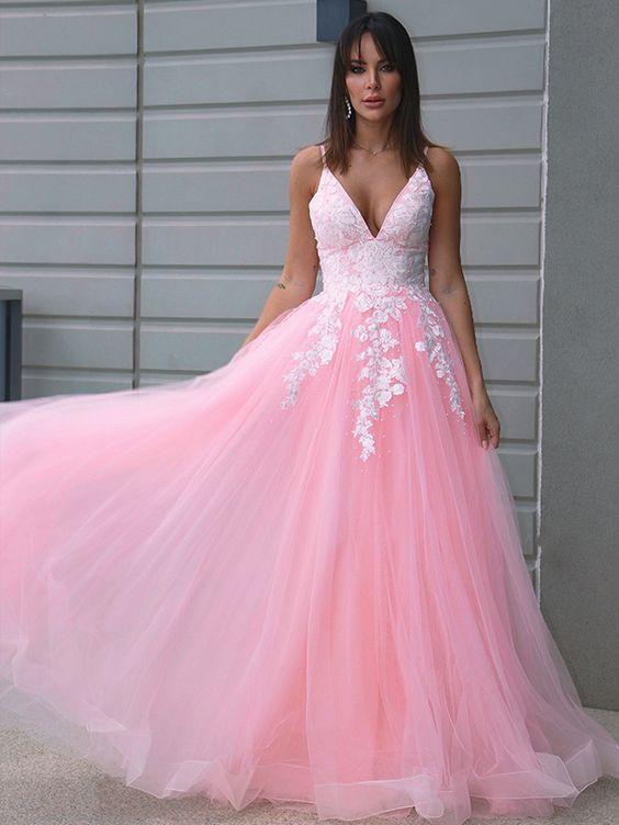 V-Neck Tulle A-Line Prom Dress with Long Pink Skirt, PD2303079