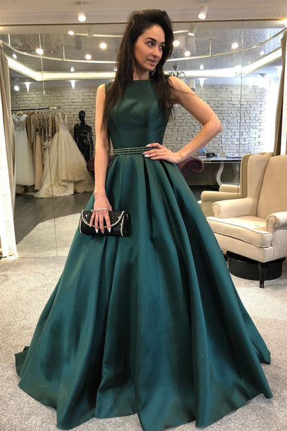 Dark Green Beaded Sash Satin A-Line Prom Dress with Long Skirt, PD23030141