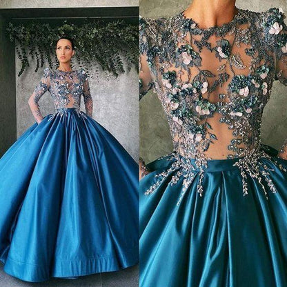 Long Sleeve Illusion Jewel Neck Prom Dresses with 3D Flower Lace Appliques, PD23030128