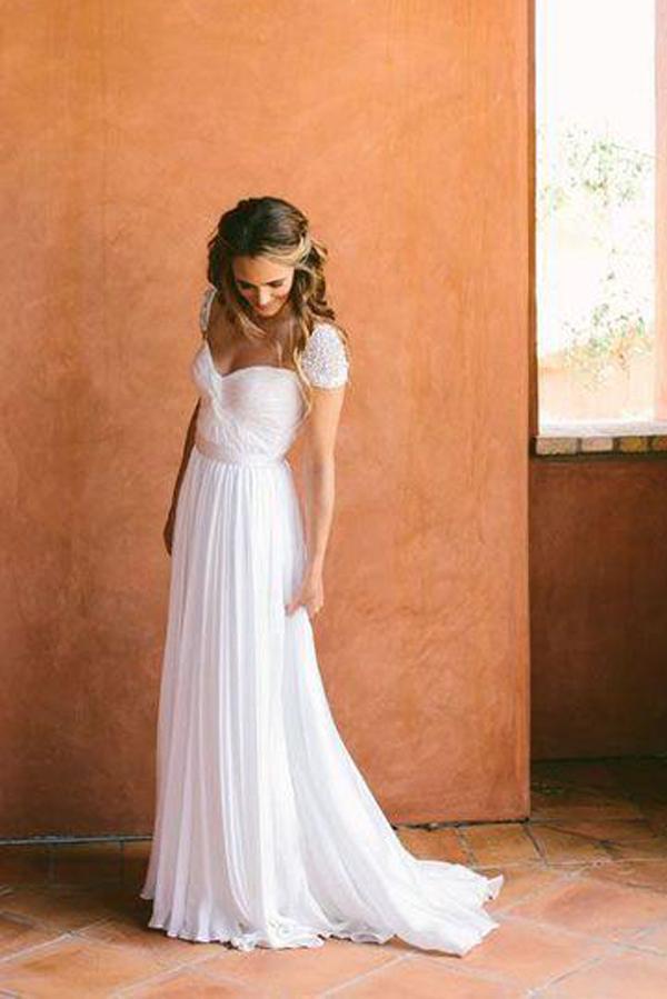 Chiffon Wedding Dress with Sweetheart Neckline, Beads, and Short Train, WD23022394