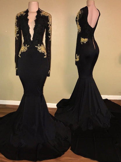 Classic Long-Sleeved Black V-Neck Prom Dress, PD2303222