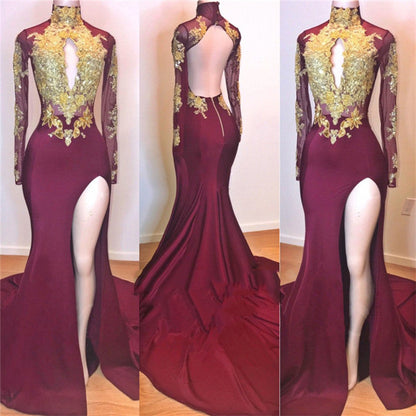 Burgundy and Gold High Neck African American Prom Dress with Long Sleeves and Side Slit, PD2303084