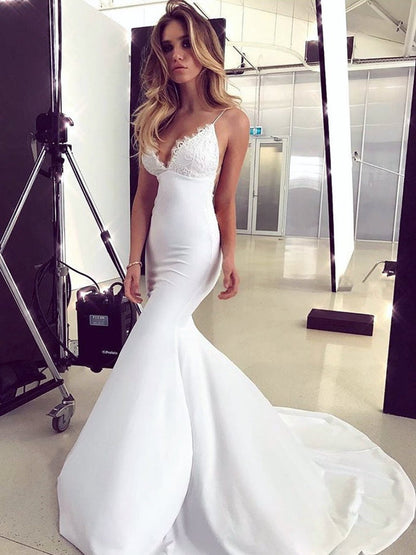 V-Neck White Lace Mermaid Prom Dresses, White Mermaid Lace Formal Bridesmaid Dresses, BD23031218