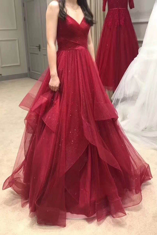 Red Sweetheart Layered Tulle A-Line Prom Dress, PD23030150