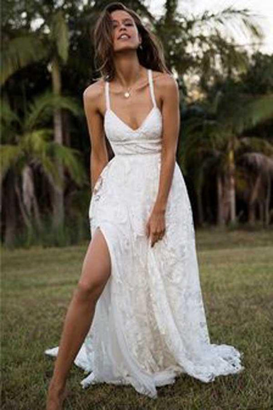 Fashionable A-line Wedding Dress with Lace and Spaghetti Straps , WD23022373