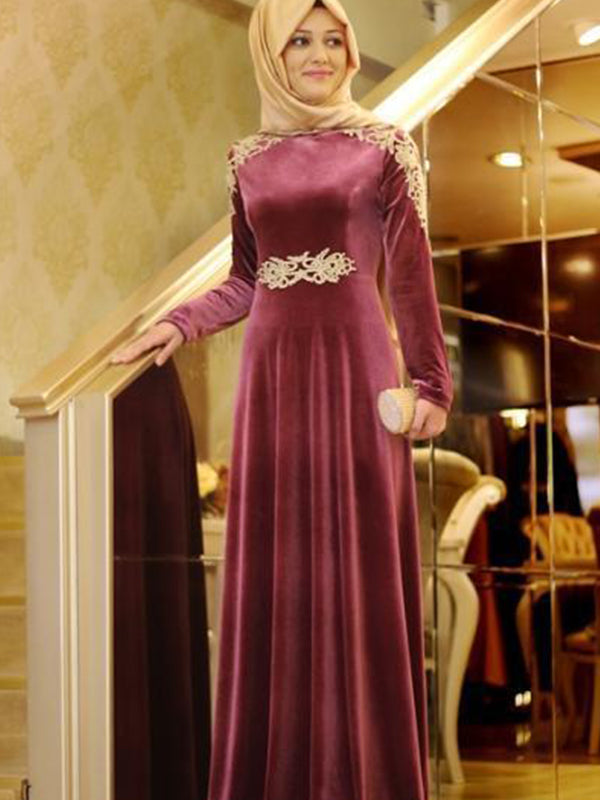 Burgundy Long Sleeve A-line Prom Dress with Appliques and Pleats, PD23031312