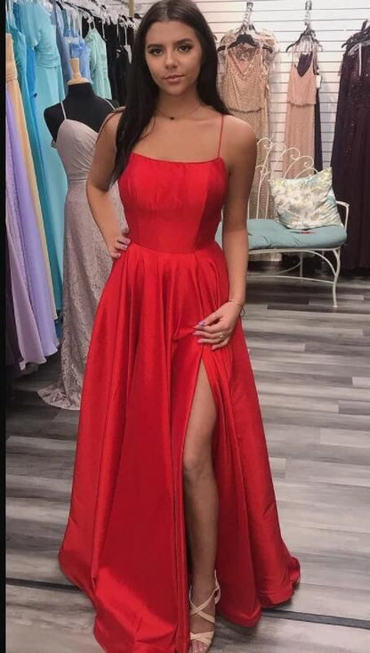 Red A-Line Prom Dress with Side Slit and Spaghetti Straps, PD23030816