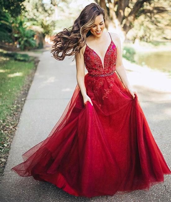 Red A-Line Backless Prom Dress with Tulle and Sweetheart Neckline, PD23030314