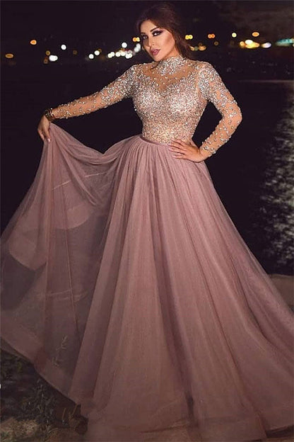 Dusty Rose Long Sleeve Beaded High Neck A-Line Tulle Prom, PD2303285