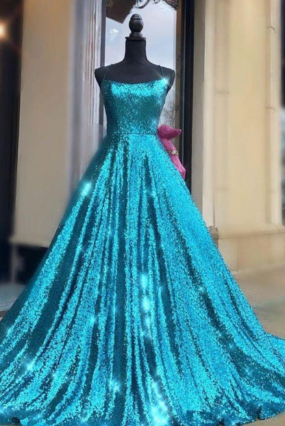 Blue Sequined Formal Prom Dress with A-Line Silhouette, PD2303035