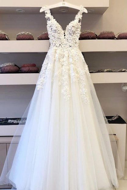 V-neck A-line Wedding Dress with Appliques, WD230223106