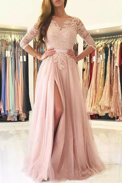 Pink Long Sleeves Side Slit Princess A-Line Prom Dress, PD23033115