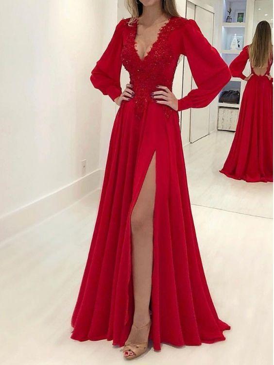 Red Applique Chiffon A-Line Prom Dress with V-Neck and Long Sleeves, PD23030513