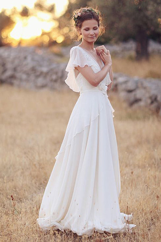 Off-the-Shoulder Chiffon Beach Wedding Dress with Lace Bodice and Side Slit, WD23022417