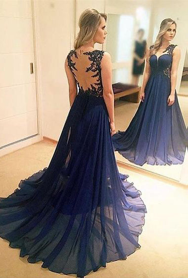 Dark Navy A-Line Prom Dress with Chiffon and Sweep Train, PD2303039