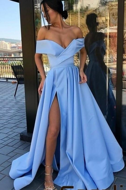 Blue Off-the-Shoulder A-Line Prom Dress with Side Slit and Satin Fabric, PD2303083