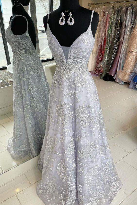 Silver Lace Appliqued Long Formal Dress with A-Line Silhouette, PD2303075