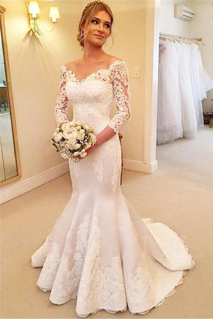 Lace Mermaid Wedding Dress with V-Neck and 3-4 Sleeves, WD23022346