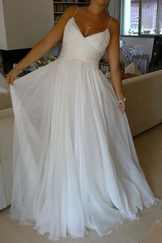 White A-line Chiffon V-neck Wedding Dresse with  Spaghetti Straps and Court Train, WD23022711