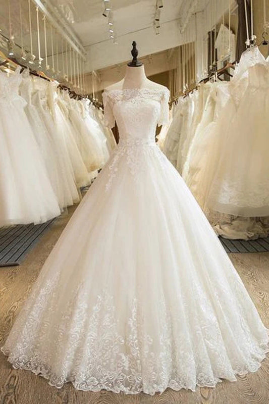 Off-the-Shoulder Ball Gown Wedding Dress with Ivory Lace, WD23022348