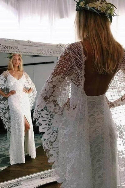 Ivory Lace Boho Sheath Wedding Dress with Batwing Sleeves, WD23022333