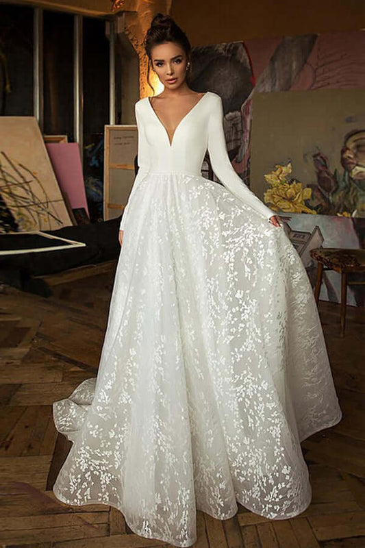 Long Sleeve A-line V-neck Wedding Dress with Court Train, WD23022326