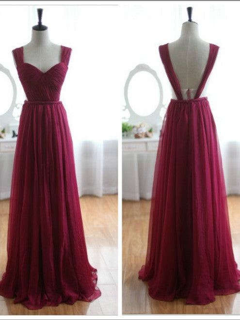 Burgundy Chiffon Backless Prom Dress, Formal Bridesmaid Dress, BD2303114