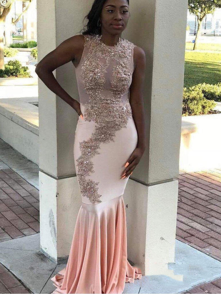 Dusty-Rose Applique Beaded Sleeveless Mermaid Prom Dress, PD2303223