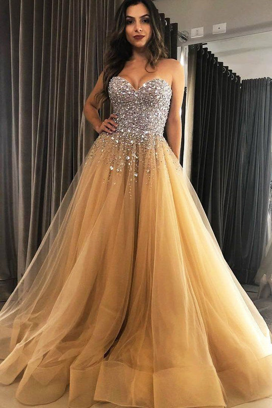 Sweetheart Beaded A-Line Long Prom Dresses in Champagne, PD23030136