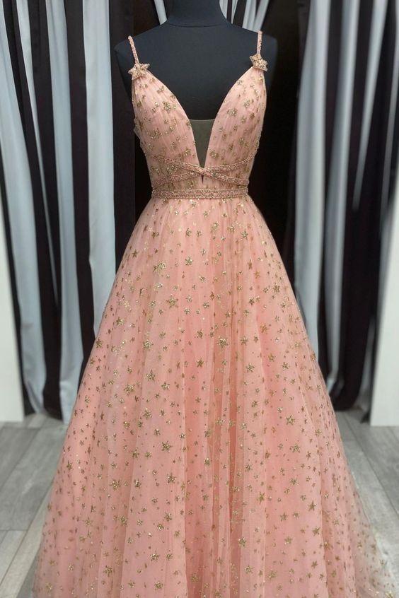 Blush and Gold Stars A-Line Long Formal Dress for Graduation, PD2303036