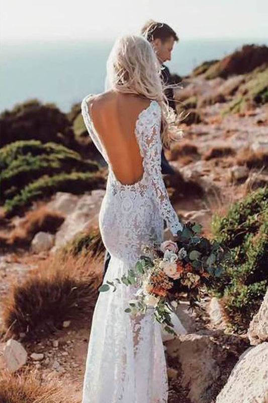 Rustic Mermaid Wedding Dress with Long Sleeves and See-Through Lace , WD23022377