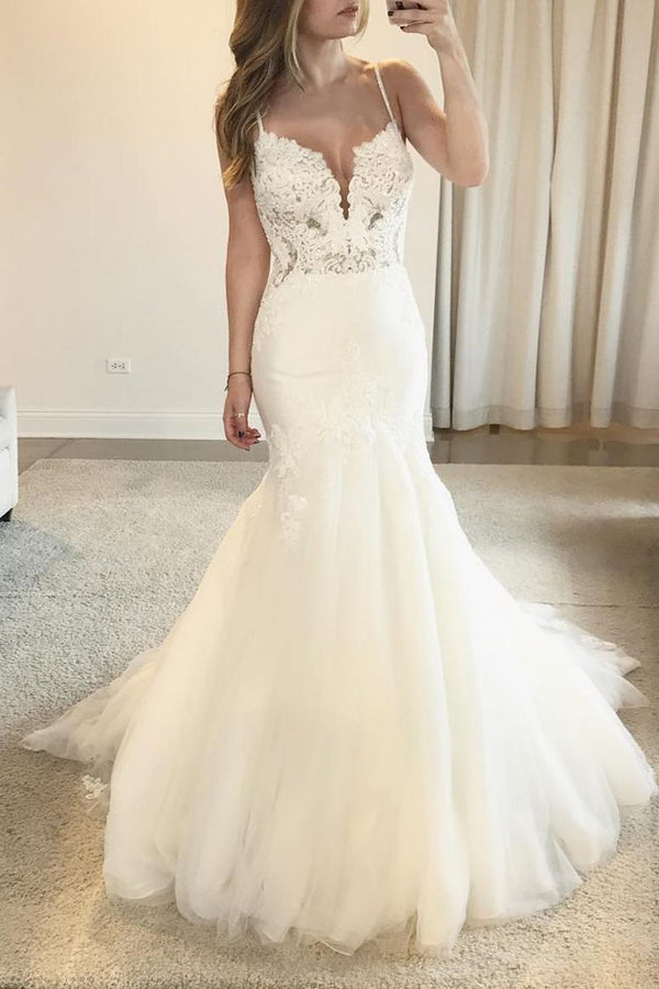 Mermaid Lace Wedding Dress with V-neckline, Spaghetti Straps, Open Back, and Train , WD23022383