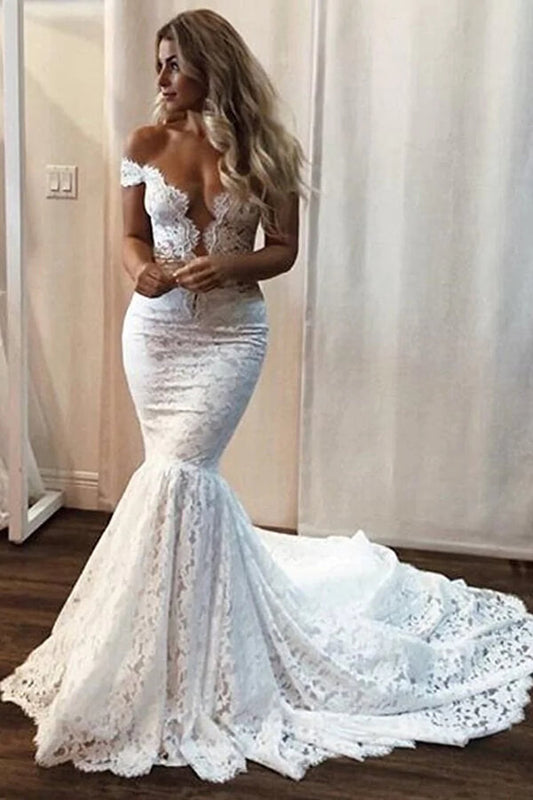 Mermaid Off-the-Shoulder V-neck Court Train Lace Wedding Dress, WD2303163