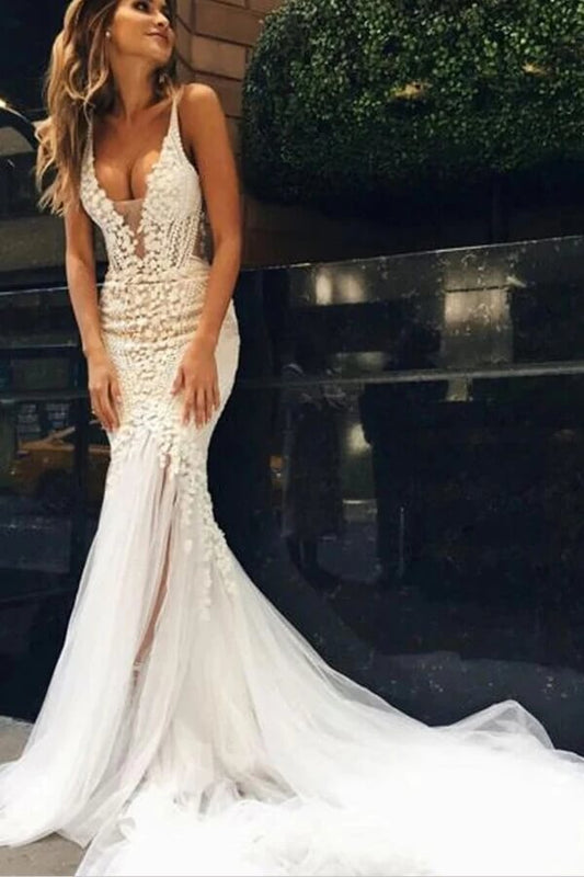 Ivory Mermaid Wedding Dress with Beautiful Tulle Lace and Deep V-Neckline, WD23022345