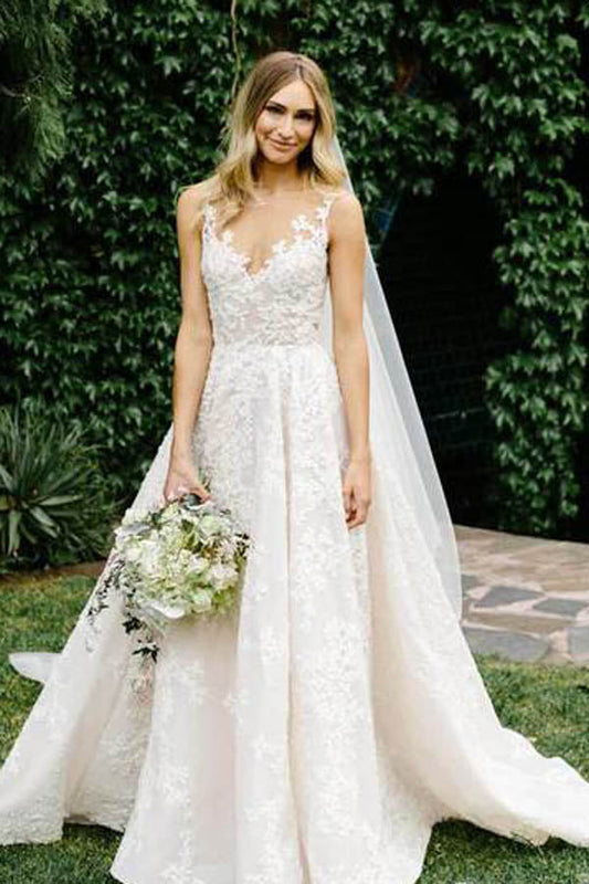 Vintage Lace Illusion Neckline Wedding Dress, WD23041118