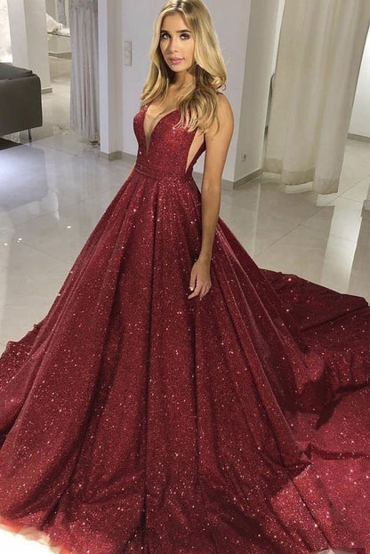 Burgundy Bling-Bling Sequence V-Neck A-Line Prom Dress, PD2303316