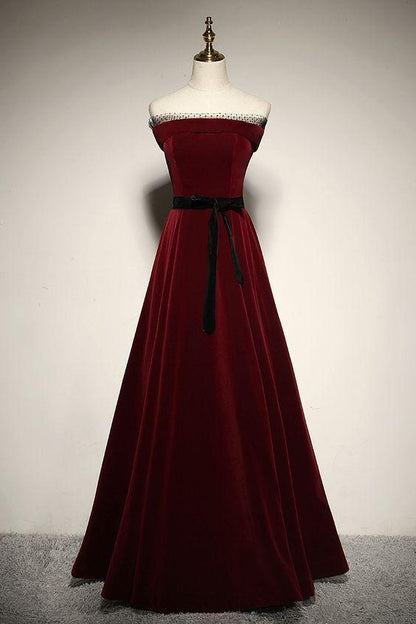 Burgundy Velvet Long Formal Prom Dress, PD2303157