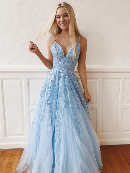 V-Neck Sky Blue Lace Prom Dresses Long, Blue Long Lace Bridesmaid Dresses, Formal Evening Dresses, BD23031217